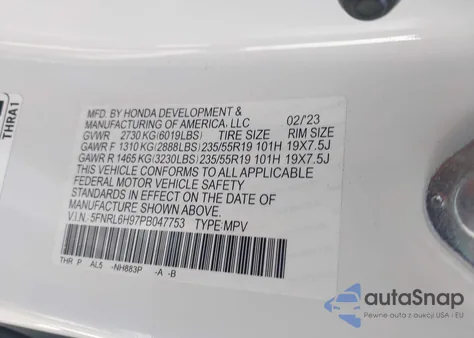 2023 Honda Odyssey Elite z USA, uszkodzony, nr VIN 5FNRL6H97PB047753